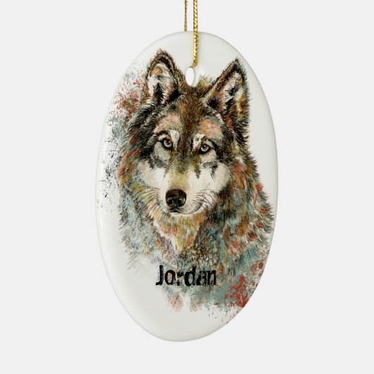Aangepaste naam aangepaste grijze wolf keramisch ornament (Rechts)