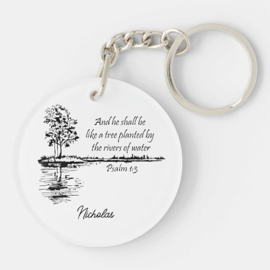 Aangepaste naam Aanmoedigende Schrift Psalm 1:3 Sleutelhanger (Achterkant)