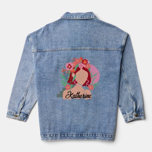 Aangepaste naam abstracte vrouwen gezicht bloemen denim jacket (Achterkant)