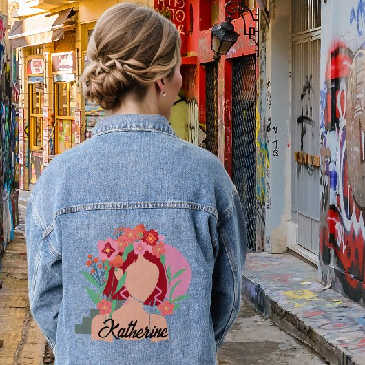 Aangepaste naam abstracte vrouwen gezicht bloemen denim jacket