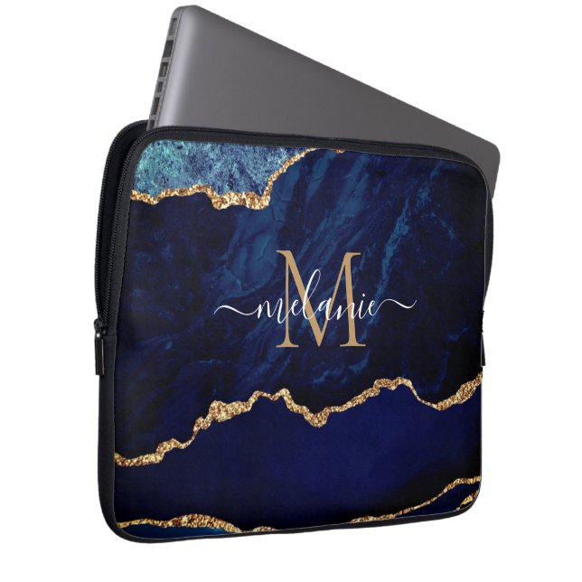 Aangepaste naam Agate Blue Gold Marble-laptophoes Laptop Sleeve (Voorkant Rechts)