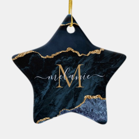 Aangepaste naam Agate Navy Blue Gold Gemstone Marb Keramisch Ornament (Achterkant)
