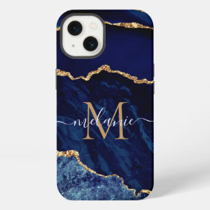 Aangepaste naam Agate Navy Blue Gold Geode Marble iPhone 13 Hoesje
