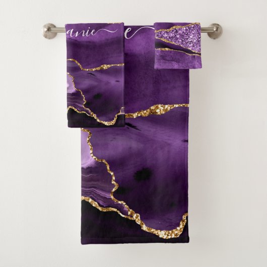 Aangepaste naam Agate Paars Violet Gold Glitter Ge Bad Handdoek (Insitu)