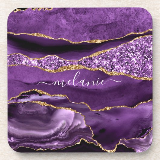 Aangepaste naam Agate Paars Violet Gold Glitter Ge Bier Onderzetter (Voorkant)