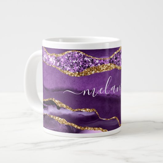 Aangepaste naam Agate Paars Violet Gold Glitter Ge Grote Koffiekop (Links)