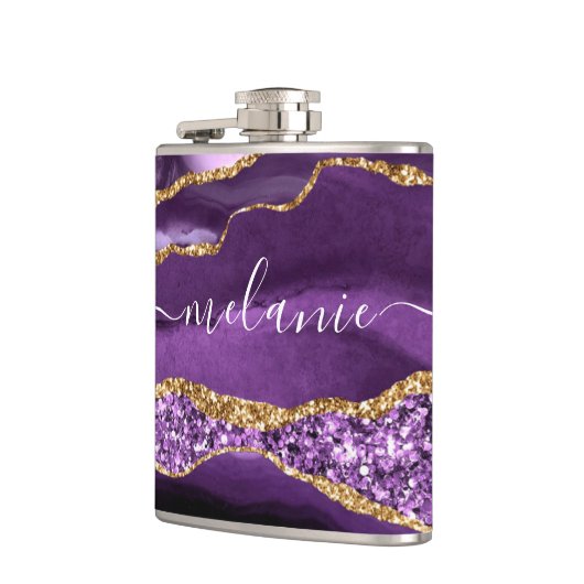 Aangepaste naam Agate Paars Violet Gold Glitter Ge Heupfles (Links)