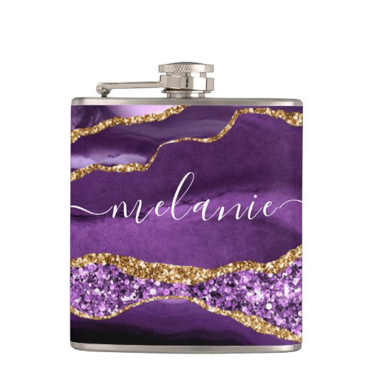 Aangepaste naam Agate Paars Violet Gold Glitter Ge Heupfles (Voorkant)