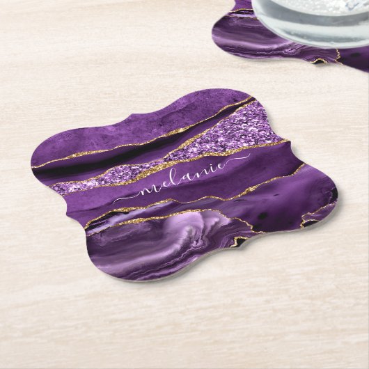 Aangepaste naam Agate Paars Violet Gold Glitter Ge Kartonnen Onderzetters (Gekanteld)