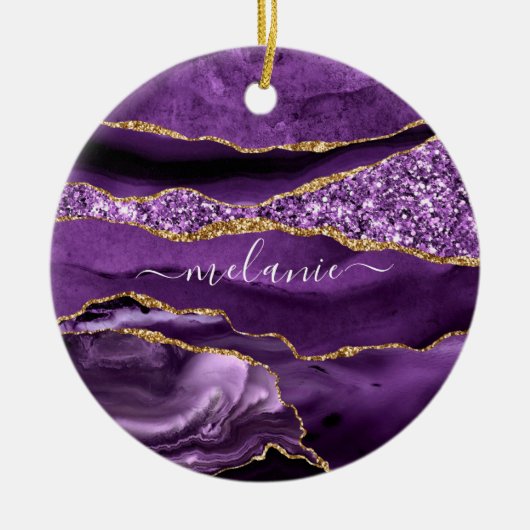 Aangepaste naam Agate Paars Violet Gold Glitter Ge Keramisch Ornament (Voorkant)