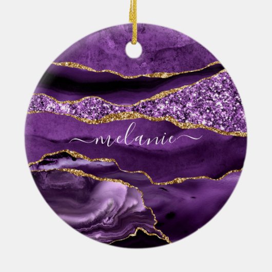 Aangepaste naam Agate Paars Violet Gold Glitter Ge Keramisch Ornament (Achterkant)