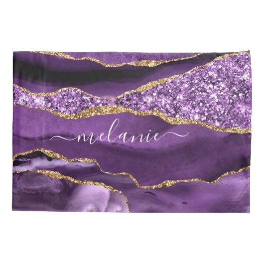 Aangepaste naam Agate Paars Violet Gold Glitter Ge Kussensloop (Achterkant)
