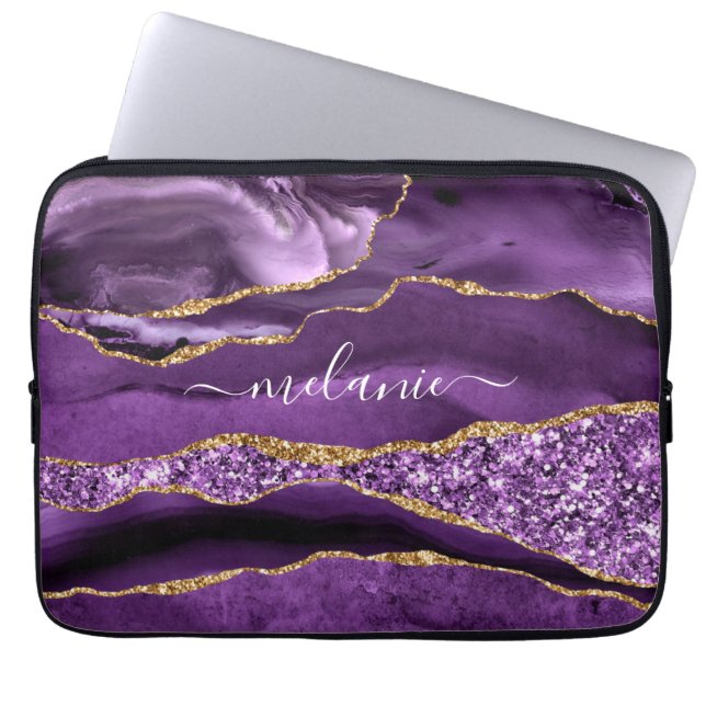 Aangepaste naam Agate Paars Violet Gold Glitter Ge Laptop Sleeve (Voorkant)