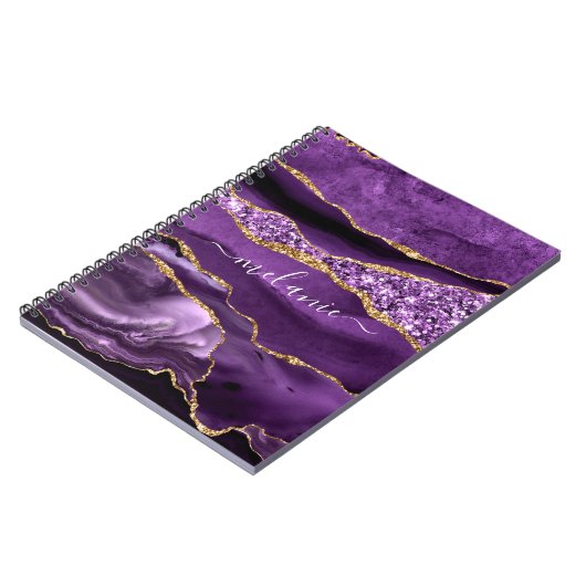 Aangepaste naam Agate Paars Violet Gold Glitter Ge Notitieboek (Linkerzijde)