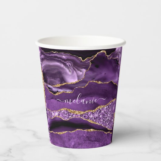Aangepaste naam Agate Paars Violet Gold Glitter Ge Papieren Bekers (Achterkant)