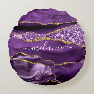 Aangepaste naam Agate Paars Violet Gold Glitter Ge Rond Kussen