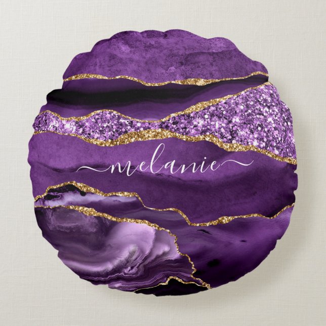 Aangepaste naam Agate Paars Violet Gold Glitter Ge Rond Kussen (Voorkant)