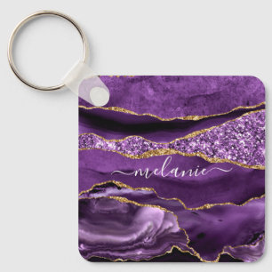 Aangepaste naam Agate Paars Violet Gold Glitter Ge Sleutelhanger