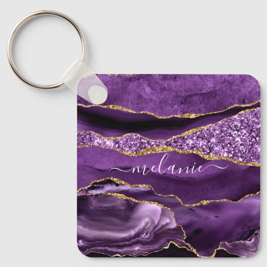 Aangepaste naam Agate Paars Violet Gold Glitter Ge Sleutelhanger (Voorkant)