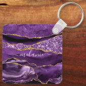 Aangepaste naam Agate Paars Violet Gold Glitter Ge Sleutelhanger (Achterkant)
