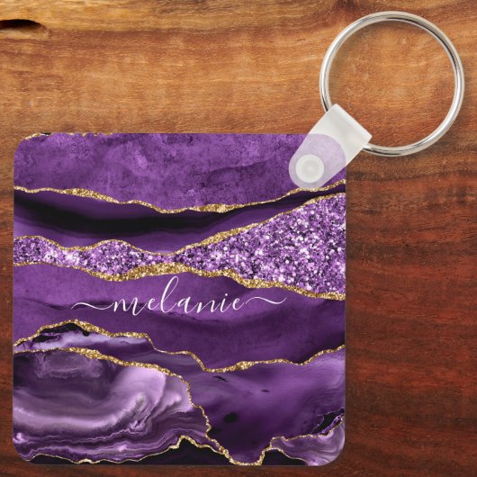 Aangepaste naam Agate Paars Violet Gold Glitter Ge Sleutelhanger (Achterkant)