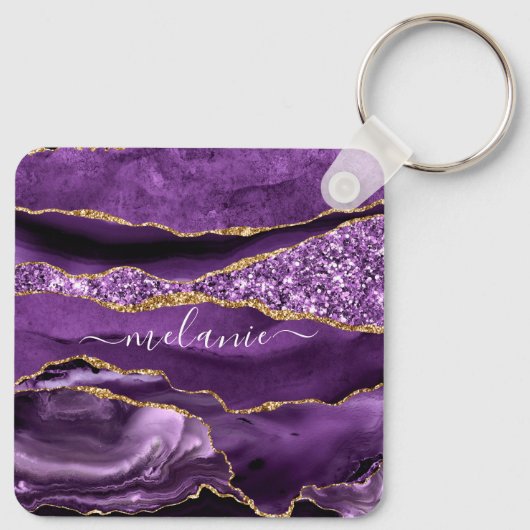 Aangepaste naam Agate Paars Violet Gold Glitter Ge Sleutelhanger (Achterkant)