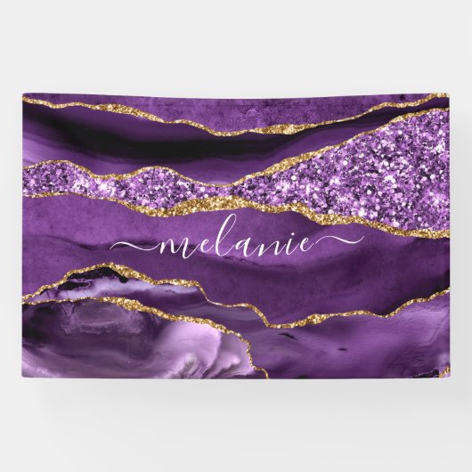 Aangepaste naam Agate Paars Violet Gold Glitter Ge Spandoek (Horizontaal)