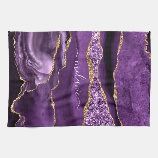 Aangepaste naam Agate Paars Violet Gold Glitter Ge Theedoek (Horizontaal)