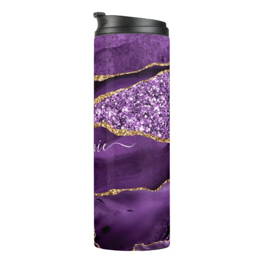 Aangepaste naam Agate Paars Violet Gold Glitter Ge Thermosbeker (Geroteerd rechts)