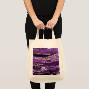 Aangepaste naam Agate Paars Violet Gold Glitter Ge Tote Bag