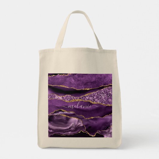Aangepaste naam Agate Paars Violet Gold Glitter Ge Tote Bag (Achterkant)