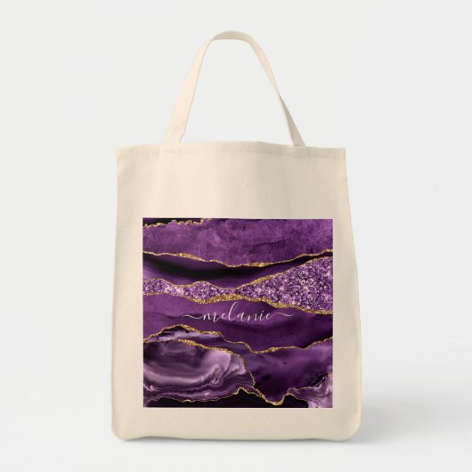 Aangepaste naam Agate Paars Violet Gold Glitter Ge Tote Bag (Voorkant)