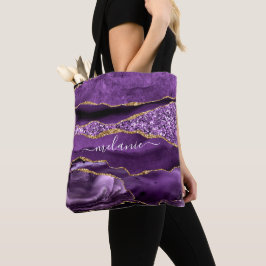 Aangepaste naam Agate Paars Violet Gold Glitter Ge Tote Bag