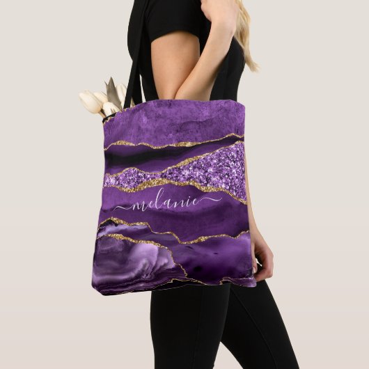 Aangepaste naam Agate Paars Violet Gold Glitter Ge Tote Bag (Dichtbij)