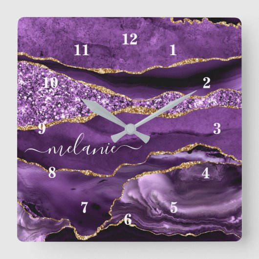 Aangepaste naam Agate Paars Violet Gold Glitter Ge Vierkante Klok (Voorkant)