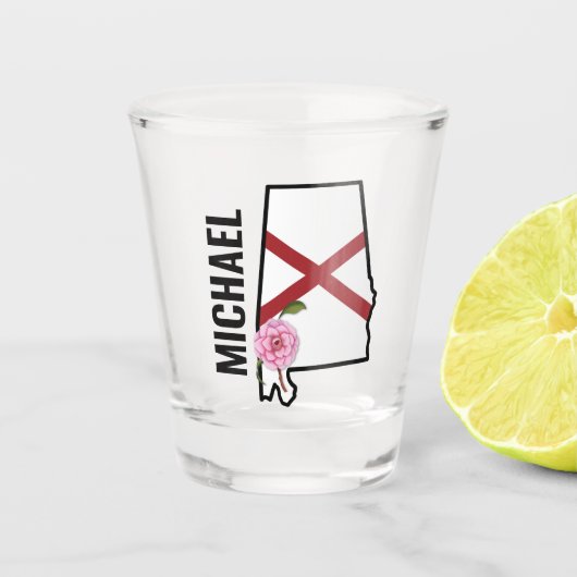 Aangepaste naam Alabama Vlag en State Flower Camel Shot Glas (Voorkant)
