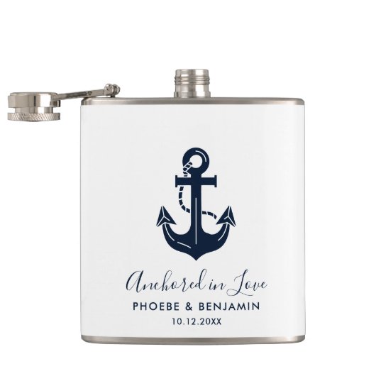 Aangepaste naam anker trouwfeest Nautisch cadeau Heupfles (Geopend)