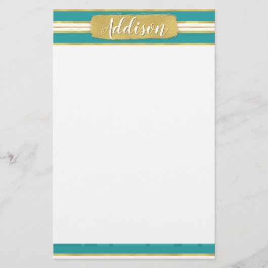 Aangepaste naam Aqua Blue Gold Stripe Patroon Briefpapier (Voorkant)