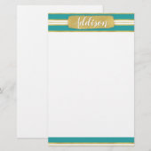 Aangepaste naam Aqua Blue Gold Stripe Patroon Briefpapier (Voorkant / Achterkant)