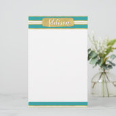 Aangepaste naam Aqua Blue Gold Stripe Patroon Briefpapier (Staand voorkant)