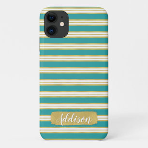 Aangepaste naam Aqua Blue Gold Stripe Patroon Case-Mate iPhone Case