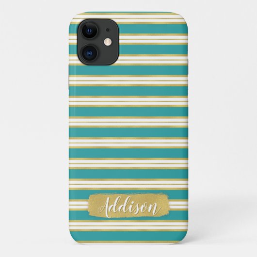 Aangepaste naam Aqua Blue Gold Stripe Patroon Case-Mate iPhone Case (Achterkant)