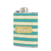 Aangepaste naam Aqua Blue Gold Stripe Patroon Heupfles (Links)
