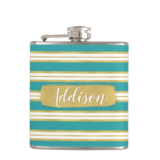 Aangepaste naam Aqua Blue Gold Stripe Patroon Heupfles (Voorkant)