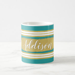 Aangepaste naam Aqua Blue Gold Stripe Patroon Koffiemok
