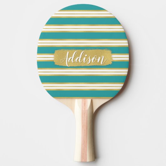 Aangepaste naam Aqua Blue Gold Stripe Patroon Tafeltennisbatje (Voorkant)