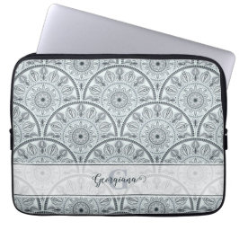 Aangepaste Naam Art Deco Floral Harmony Grijs Mand Laptop Sleeve