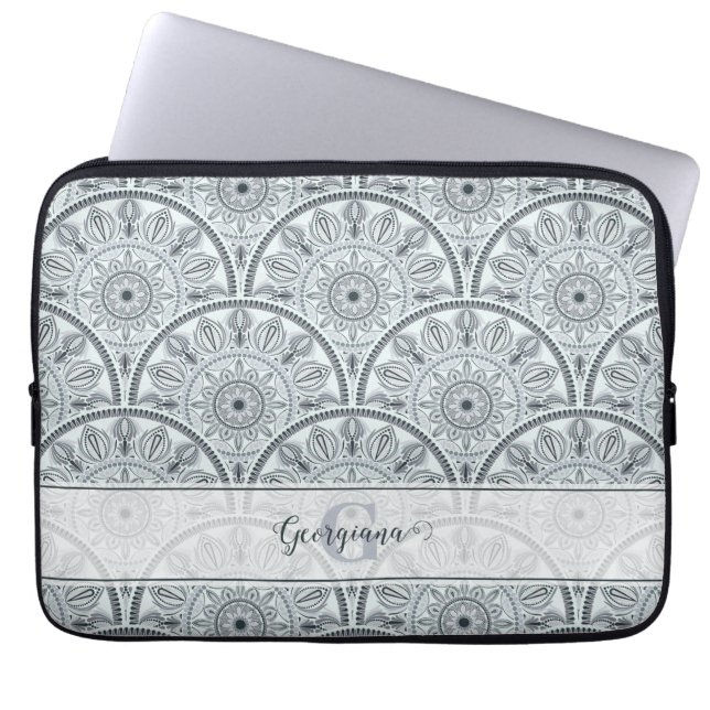 Aangepaste Naam Art Deco Floral Harmony Grijs Mand Laptop Sleeve (Voorkant)