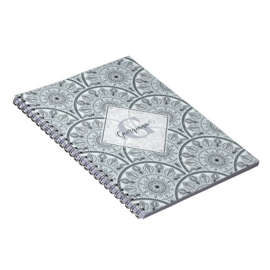 Aangepaste Naam Art Deco Floral Harmony Grijs Mand Notitieboek (Rechterzijde)