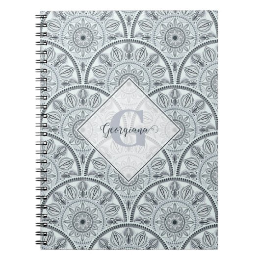 Aangepaste Naam Art Deco Floral Harmony Grijs Mand Notitieboek (Voorkant)